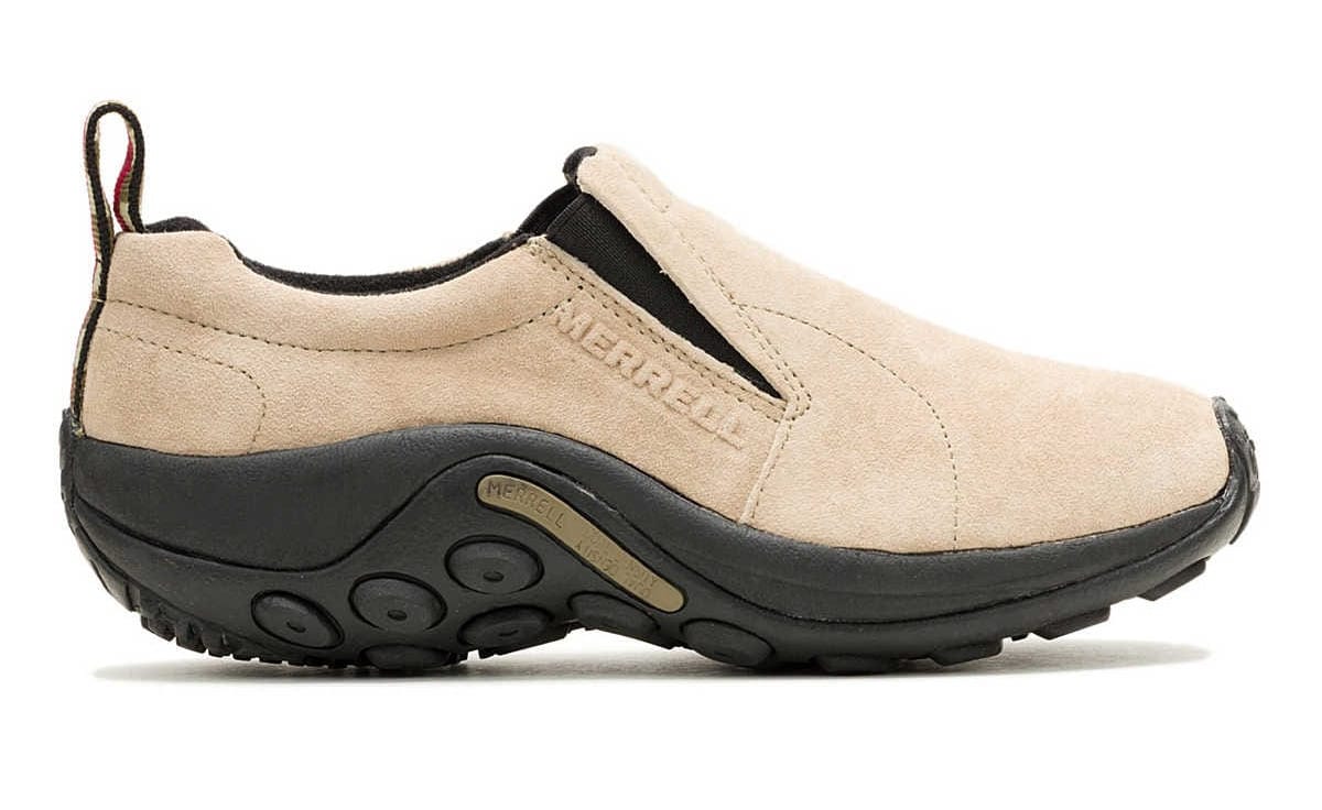 side profle of the Merrell Jungle Moc, in taupe. A hideous shoe, round-toed with a thick black footbed