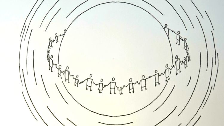 Drawing of people holding hands and encircling a sphere of light