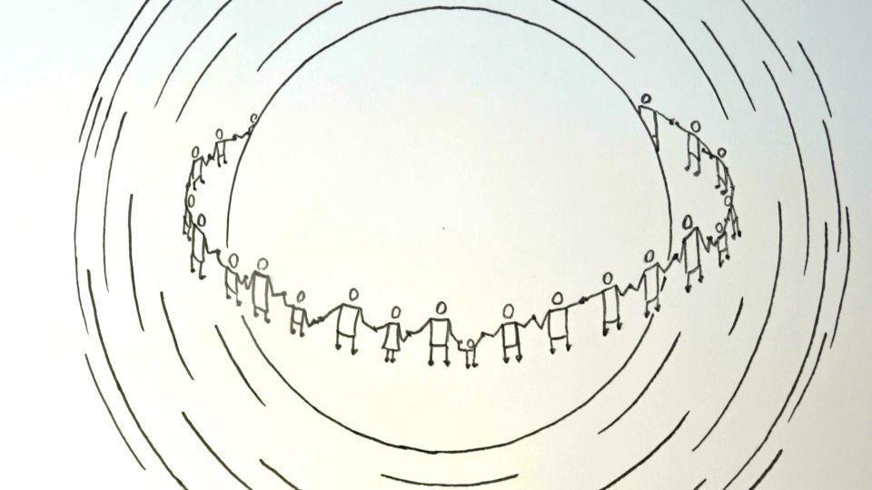 Drawing of people holding hands and encircling a sphere of light