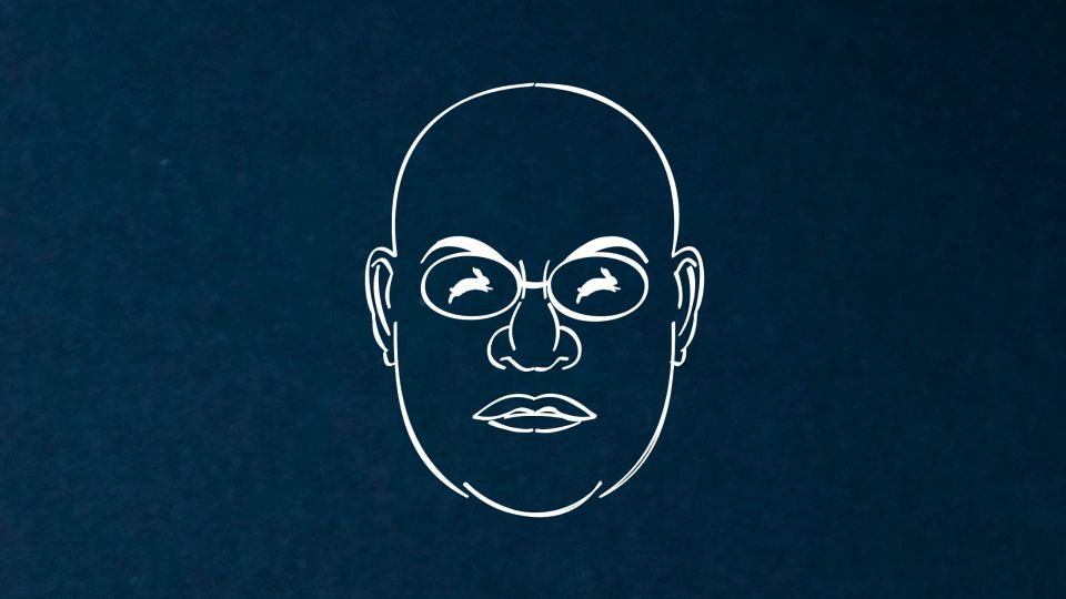 Drawing of Morpheus from 'The Matrix'. Reflected in his sunglasses is a white rabbit