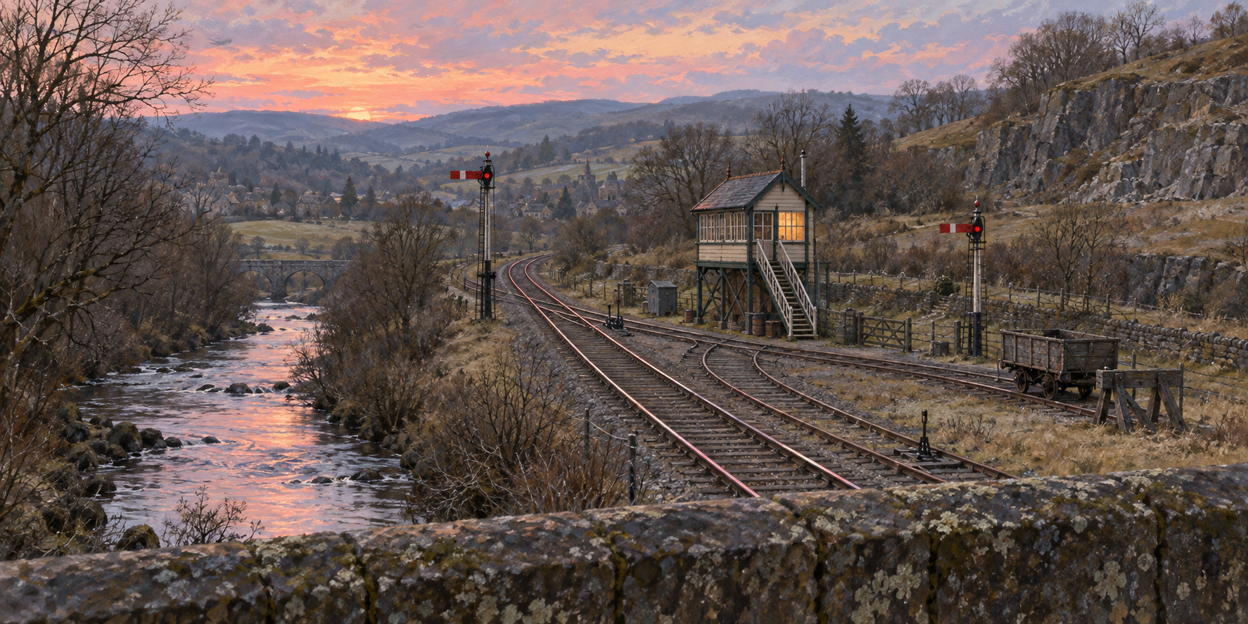 A small wooden signal box on legs beside a junction at dusk, seen from a bridge, the rails gone pink.
