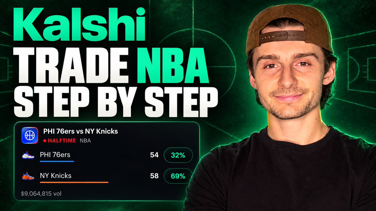 Kalshi NBA tutorial thumbnail with Trade NBA Step by Step text, a 76ers versus Knicks market, and the TC Trading presenter.