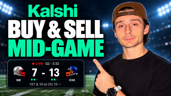 Thomas points beside BUY & SELL MID-GAME text and a Patriots–Bears scoreboard during the second quarter.