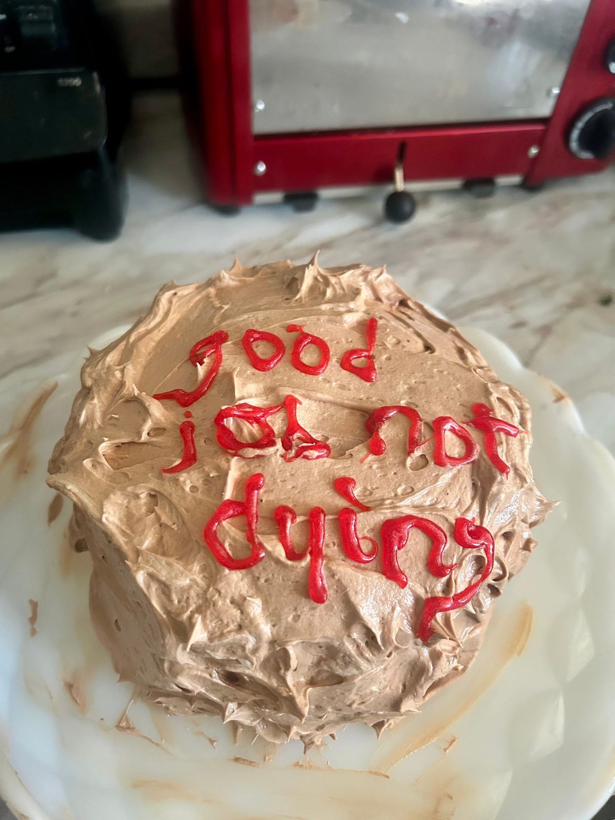 photo of a homemade cake covered in chocolate frosting with the words “good job not dying” scrawled on it in red icing