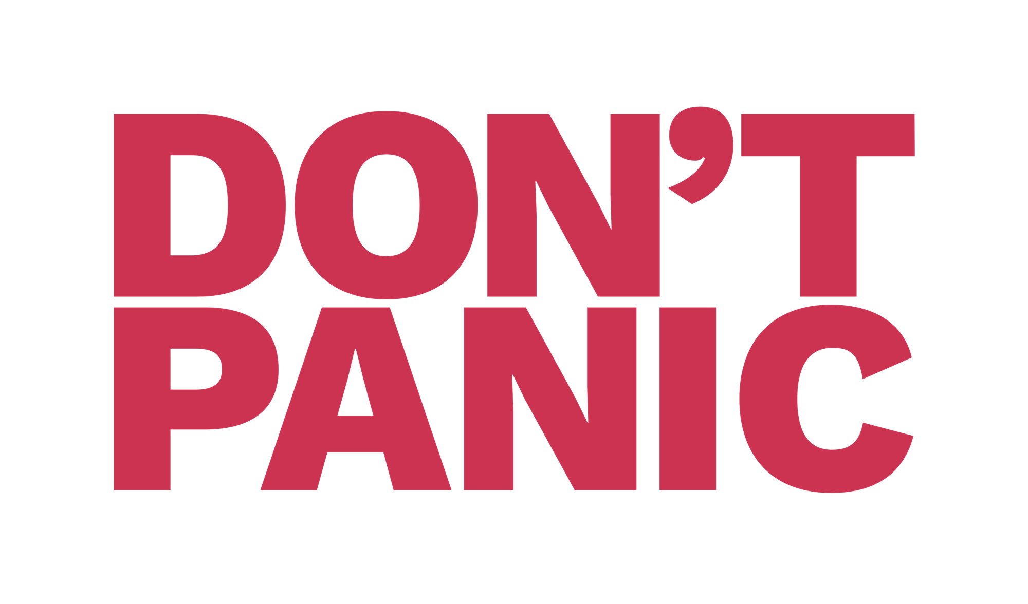 Don't Panic is written in all caps, in big, red block letters.