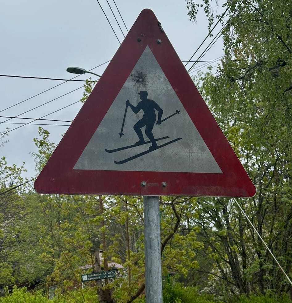 Fareskilt som viser skiløper mot en bakgrunn av grønn skog.