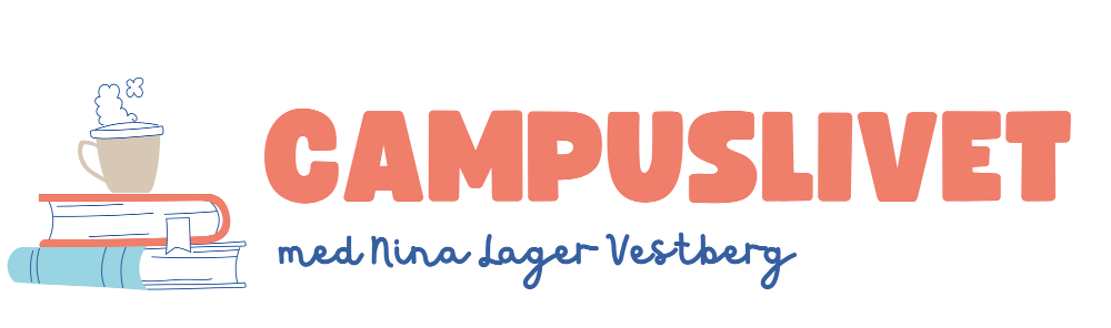 Tegnet logo med bokstabel og kaffekopp, og ordene Campuslivet med Nina Lager Vestberg i rødoransj og blått.