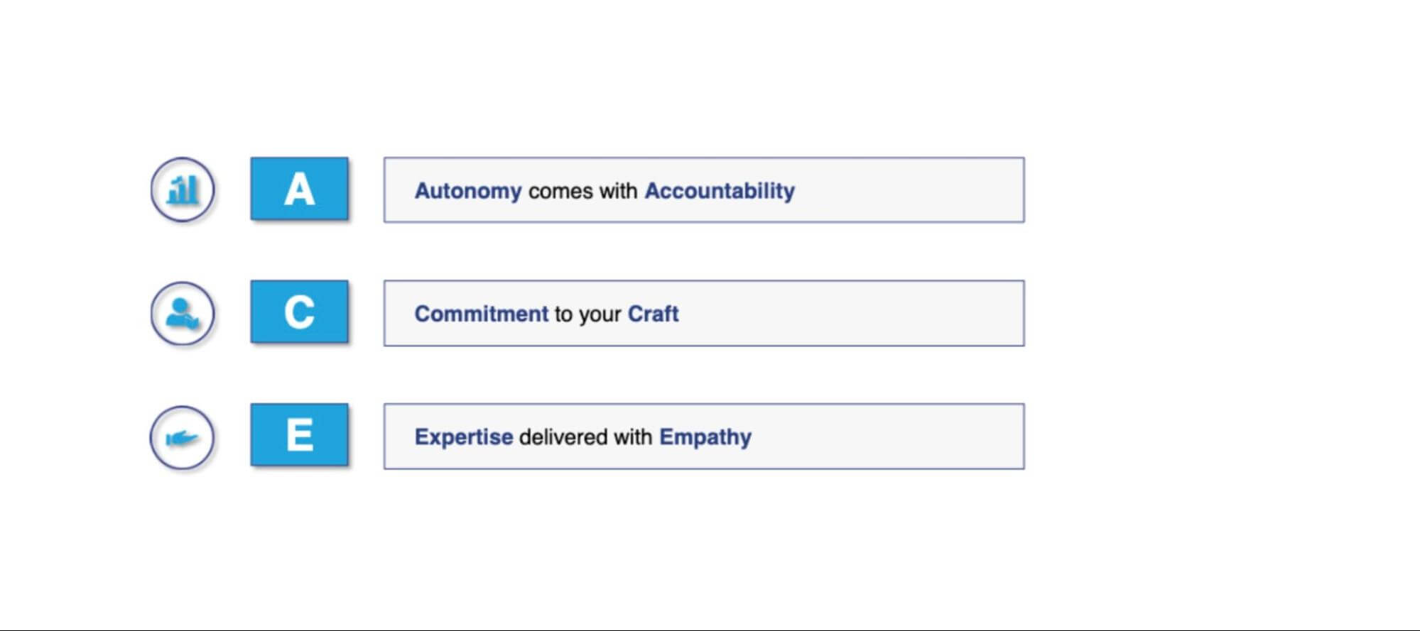 ACE: Autonomy comes with Accountability, Commitment to your Craft, Expertise delivered with Empathy