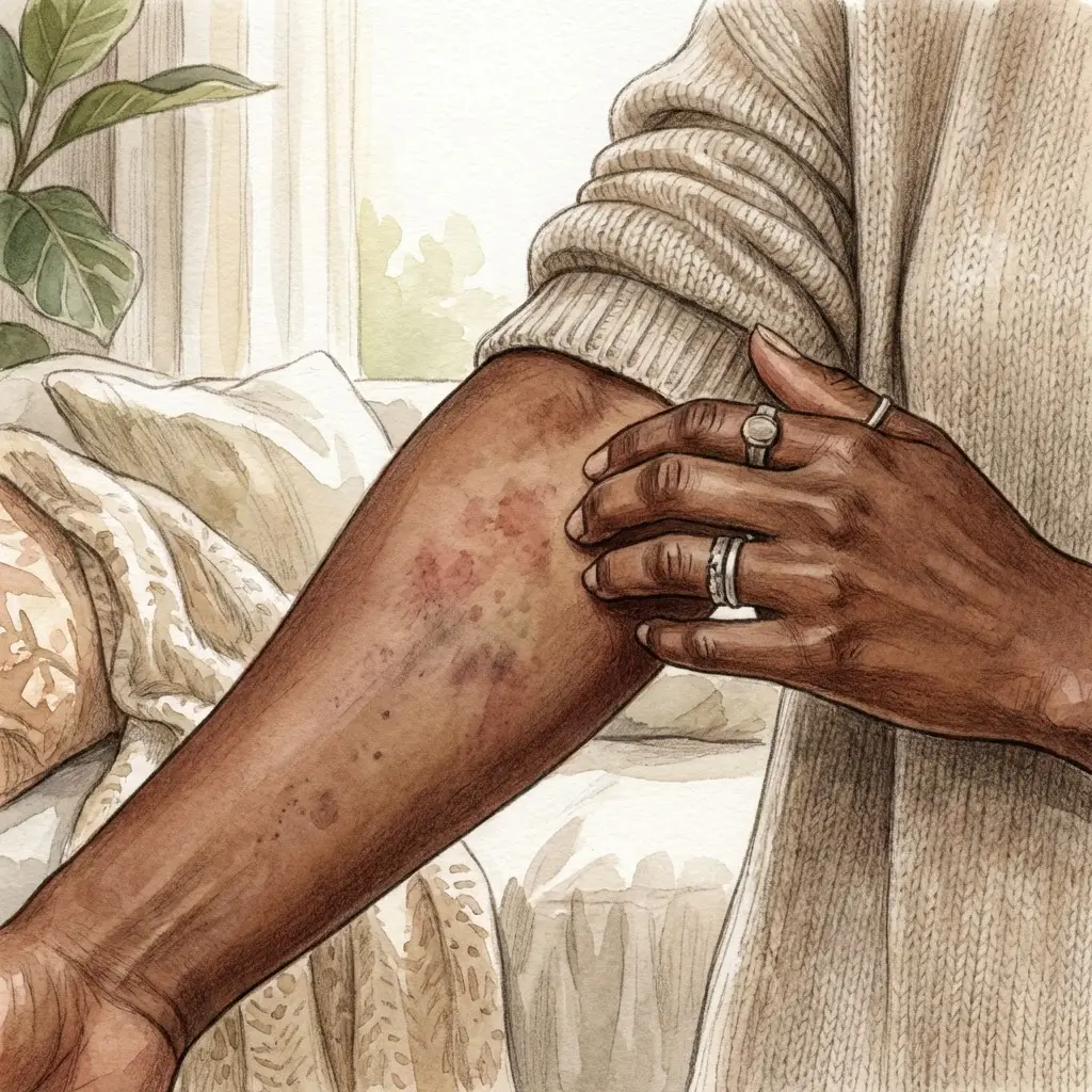  Close-up of forearm showing faded irritation alongside hyperpigmentation