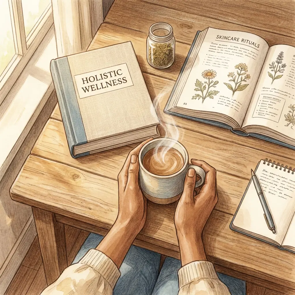Overhead view of a woman researching skin health with books and a warm drink.