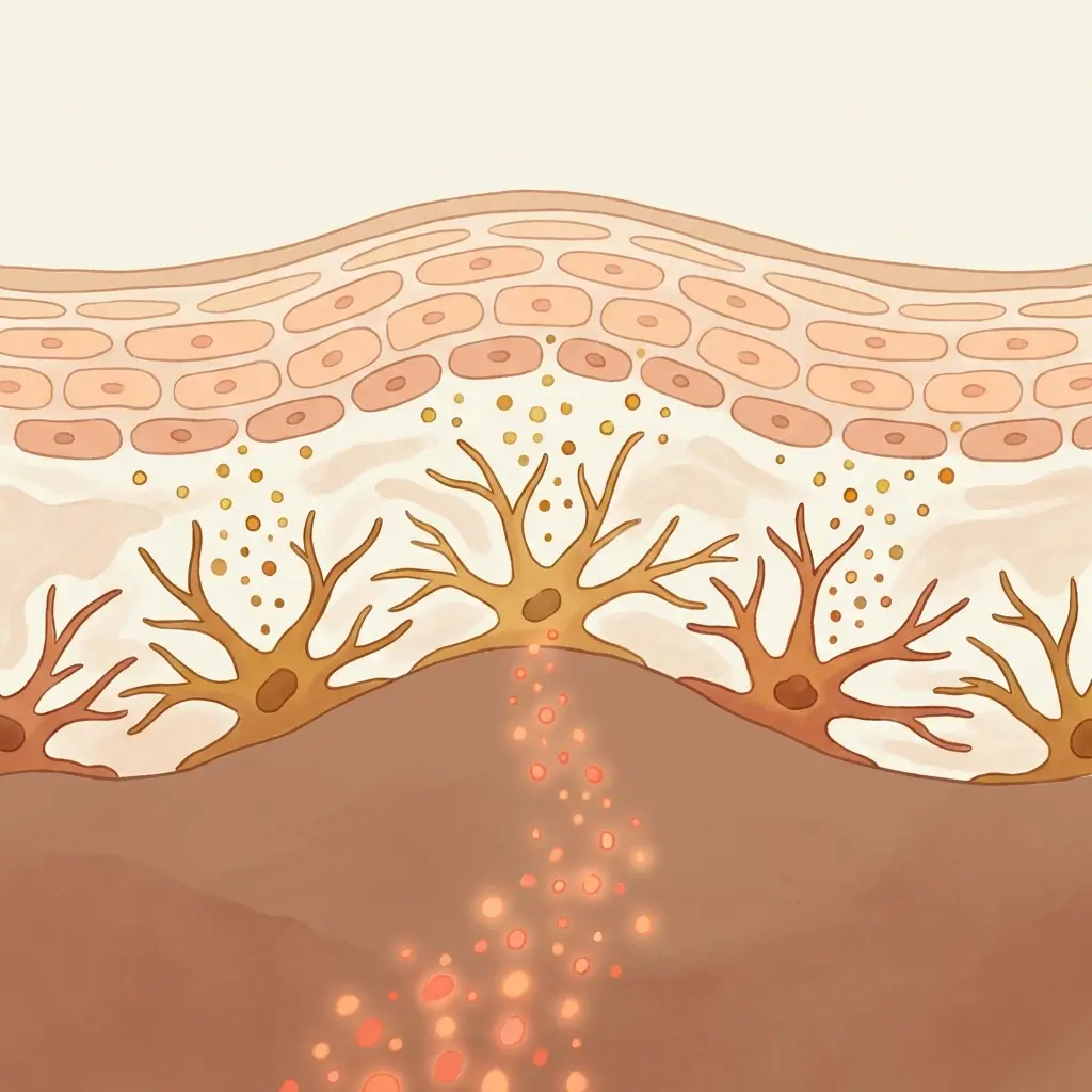 Skin cross-section showing melanocytes activated by hormonal signals rising from within the body.