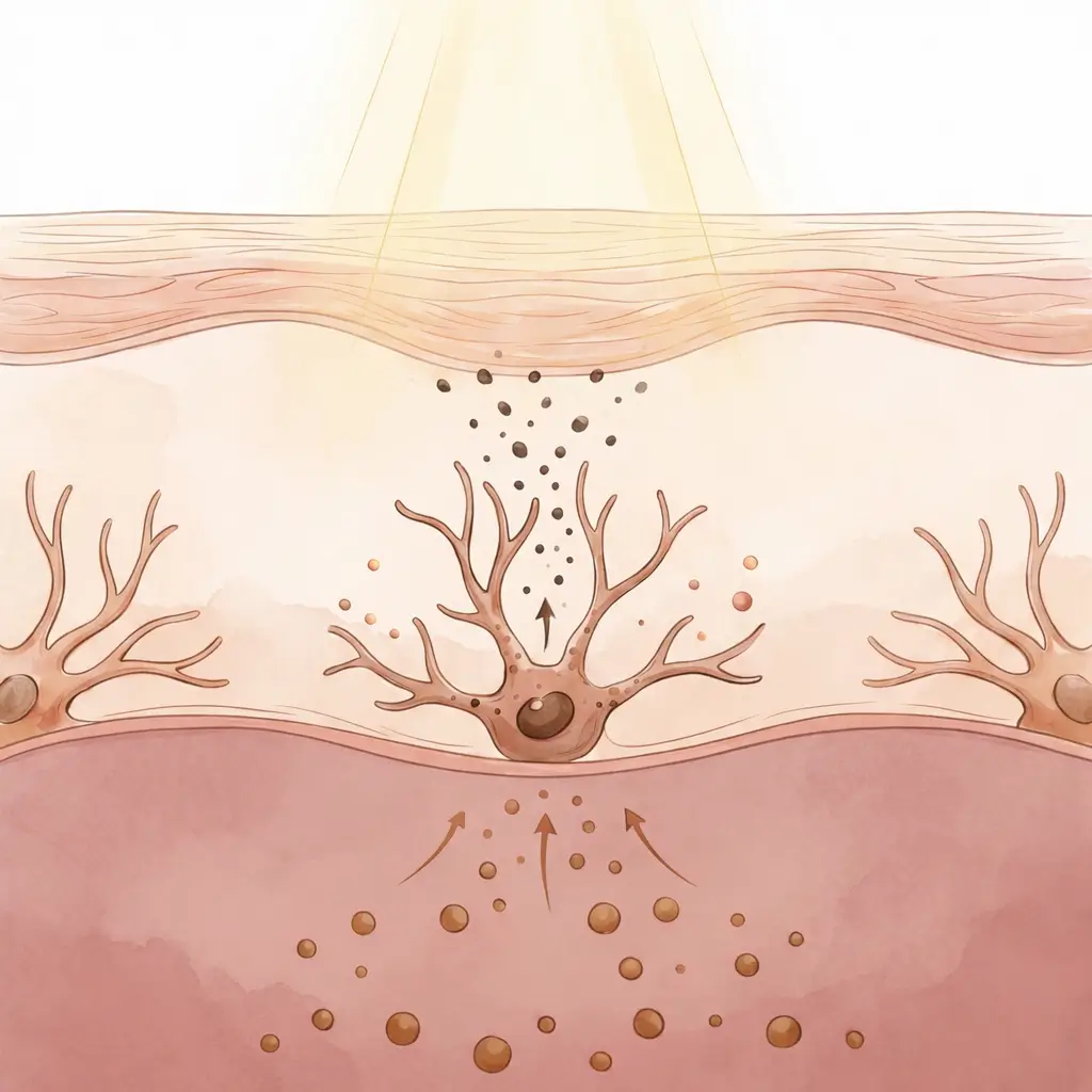 Skin cross-section showing melanocytes receiving UV, inflammatory, and hormonal signals simultaneously