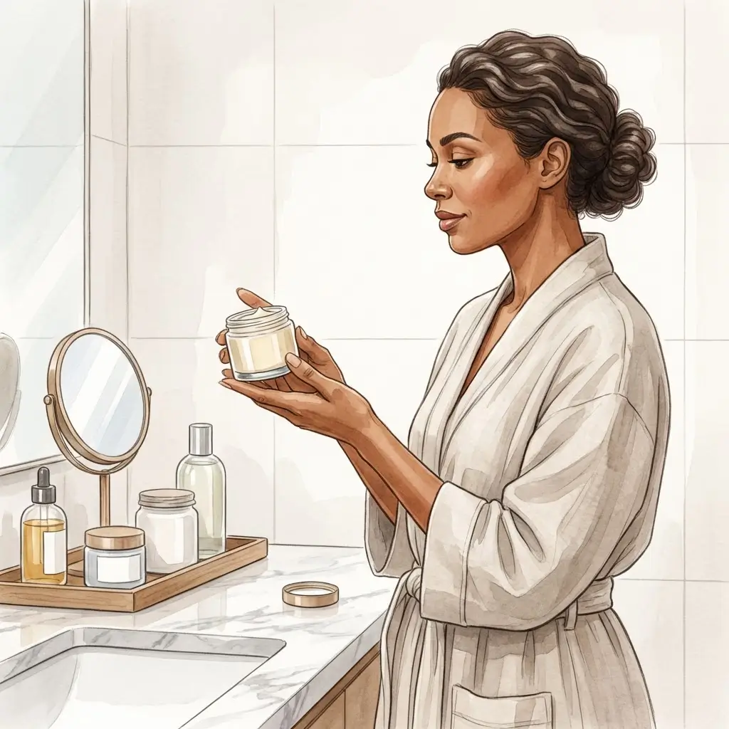 Woman choosing a single moisturiser and setting other products aside