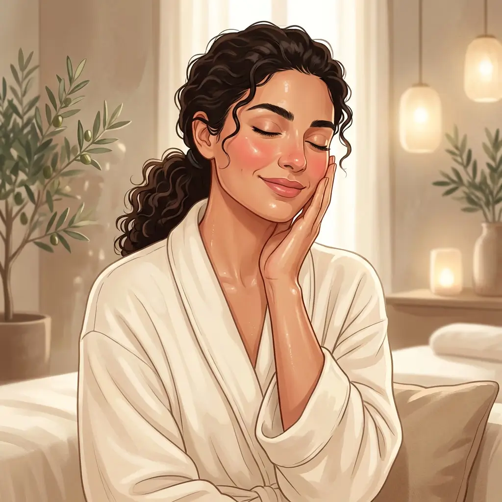 Woman gently touching her face in warm light