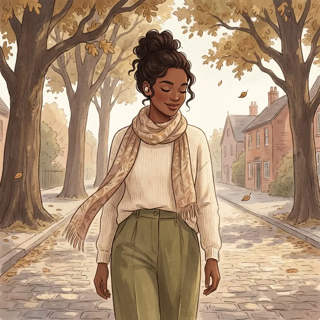 Woman with deep brown skin walking along a tree-lined street in morning light