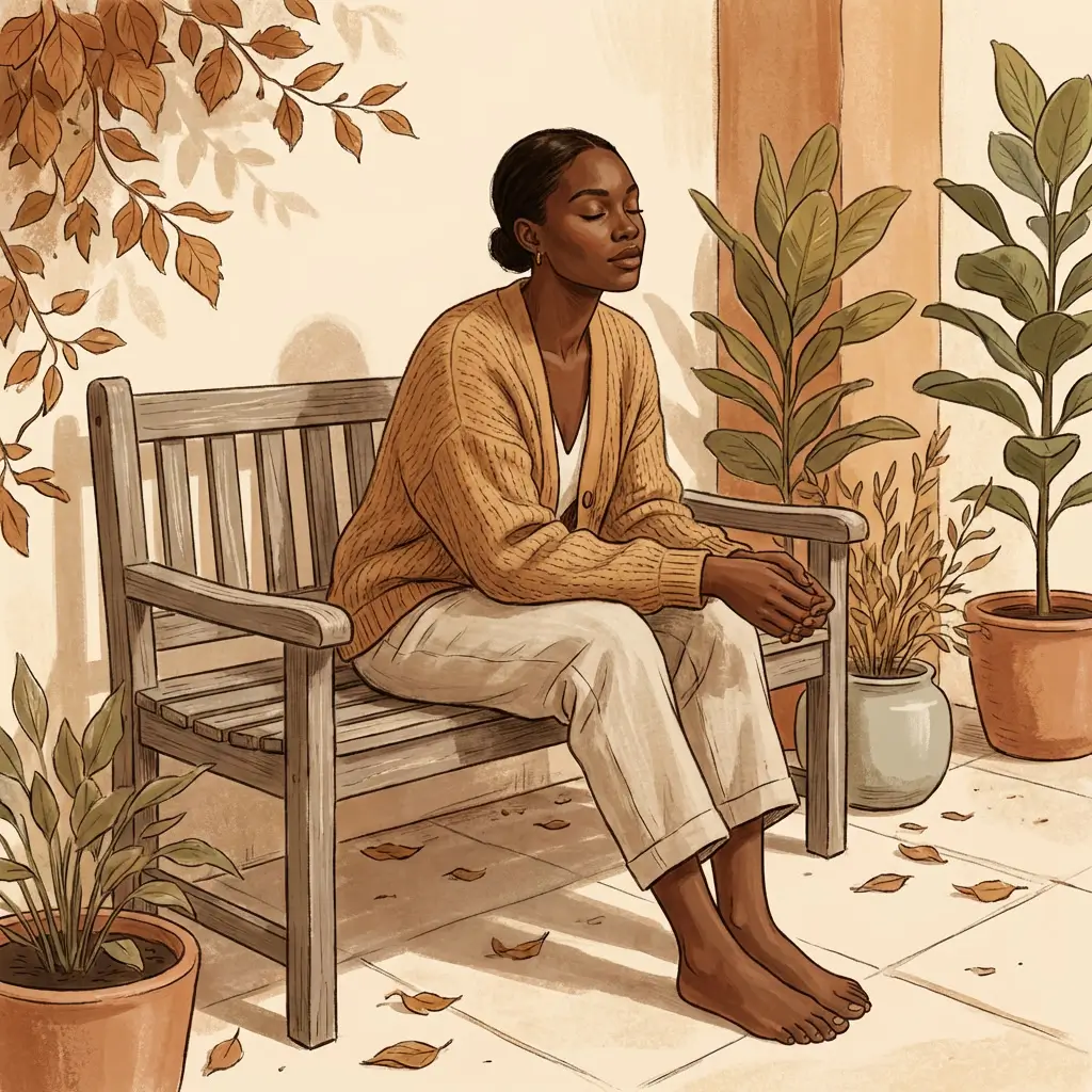 Woman with deep skin tone taking a deliberate slow breath outdoors in soft natural light