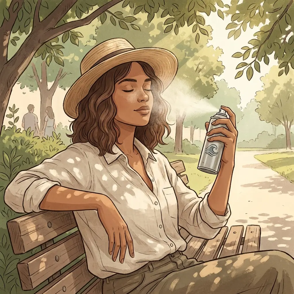 Woman with medium skin using a facial mist on a park bench