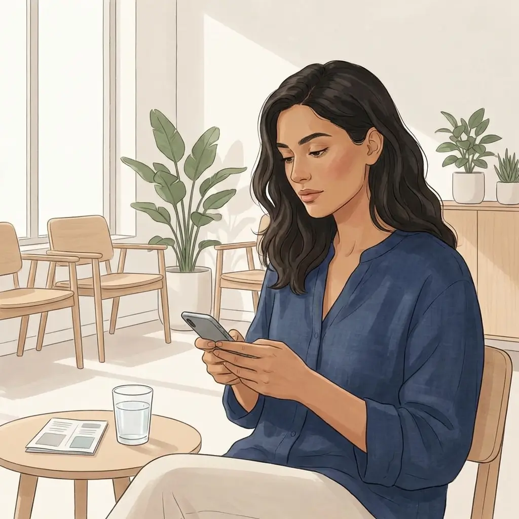 Woman with olive skin reading her phone in a bright waiting area wearing a navy top