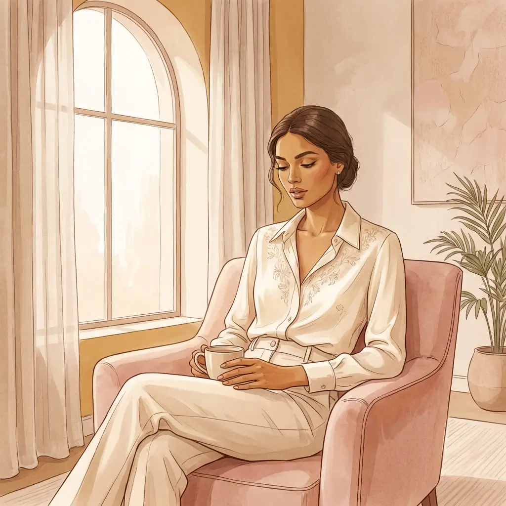 Woman with olive skin sitting near a window looking thoughtful in warm light
