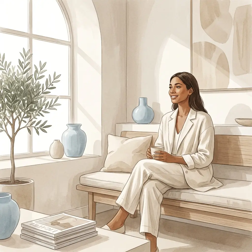 Woman with warm brown skin sitting composedly in a bright clinic waiting room