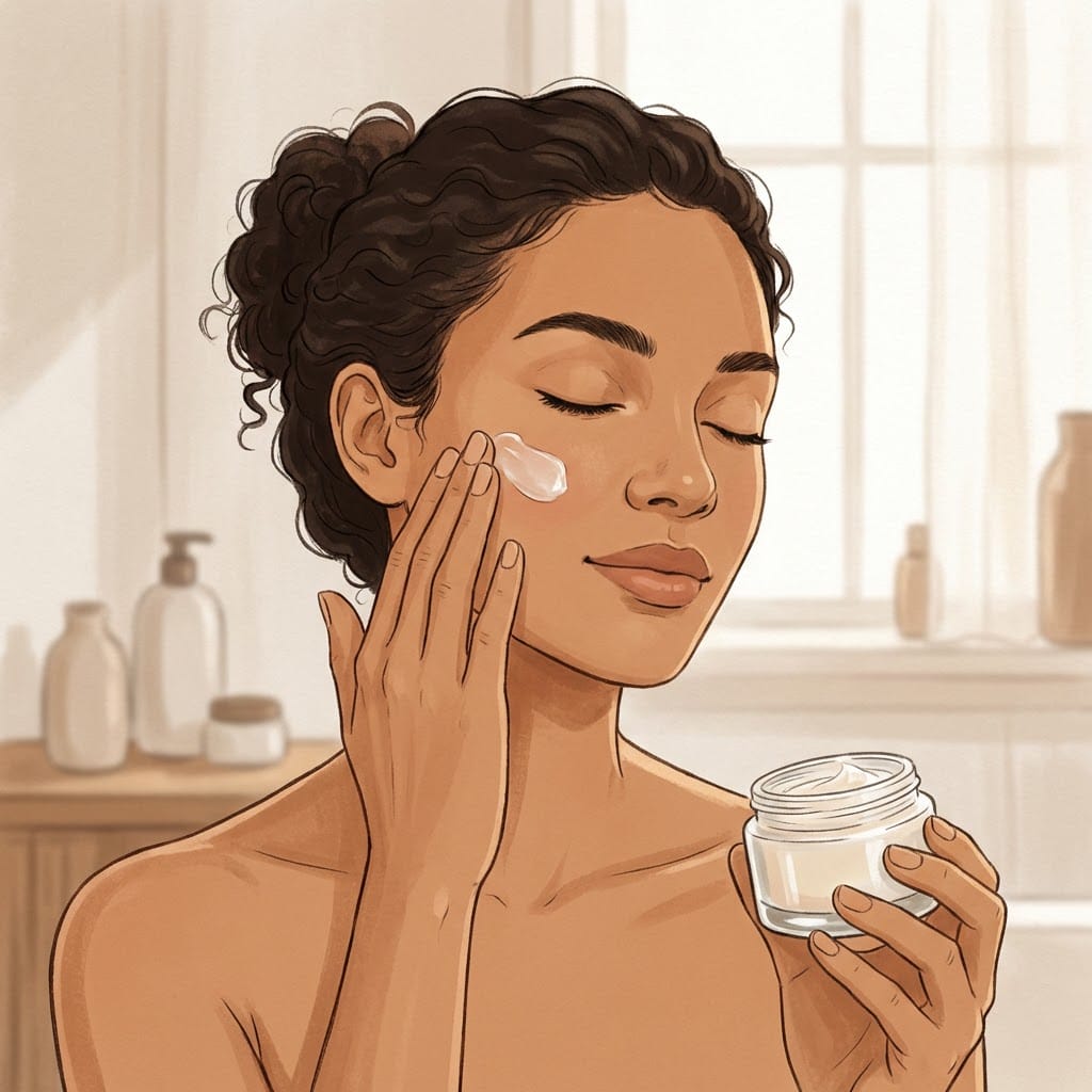 Woman carefully applying moisturiser during a simplified recovery routine 