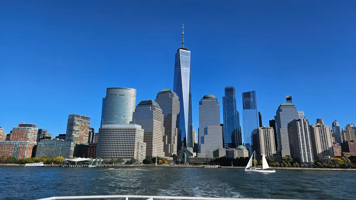One World Trade Center in the Financial District of Lower Manhattan in New York City as taken from the NY Waterway ferry from Brookfield Place Ferry Terminal on my way to Jersey City.