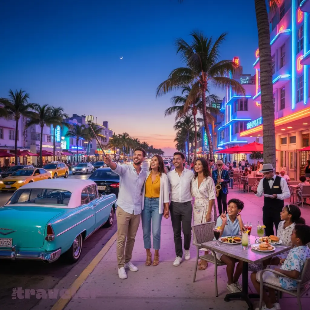 Tourists dining and strolling under neon Art Deco hotels on Ocean Drive at twilight