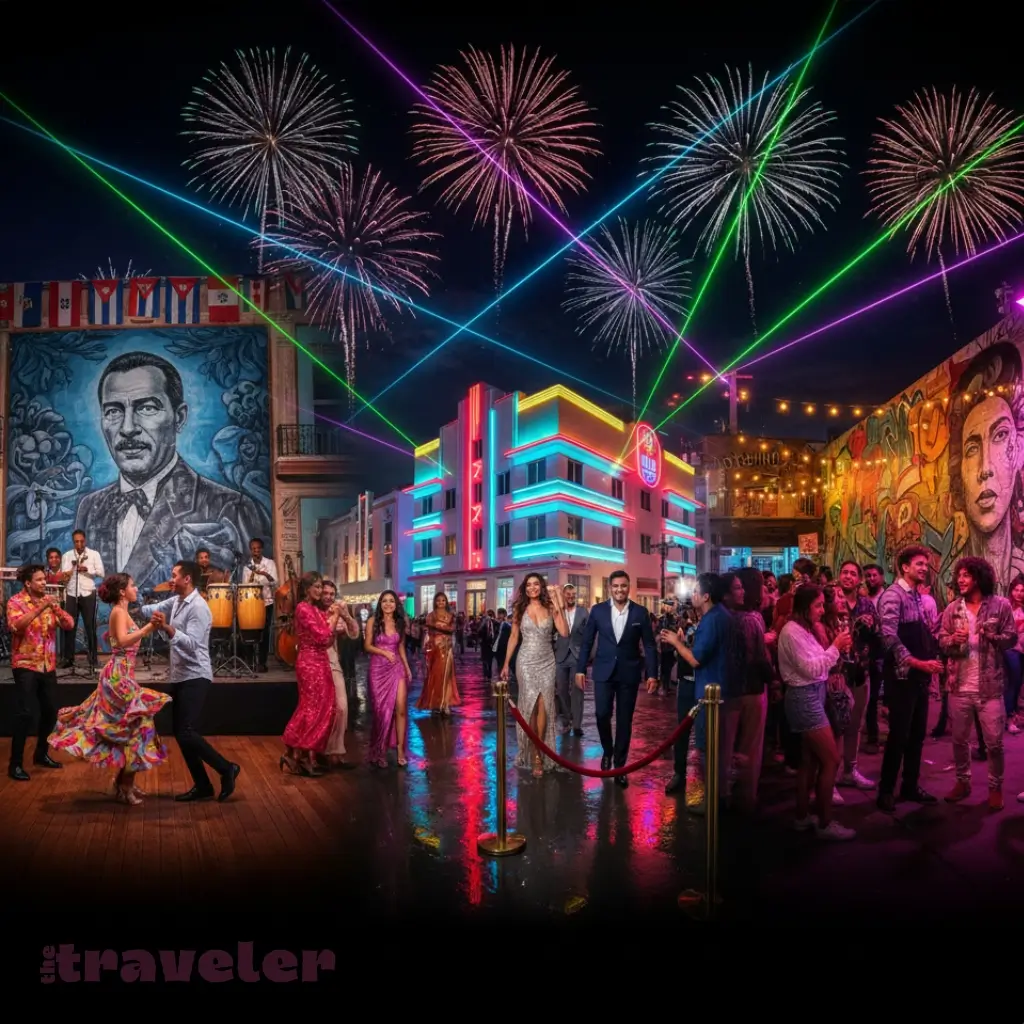 Composite scene of Calle Ocho salsa, South Beach clubs, and Wynwood murals showing Miami nightlife identity