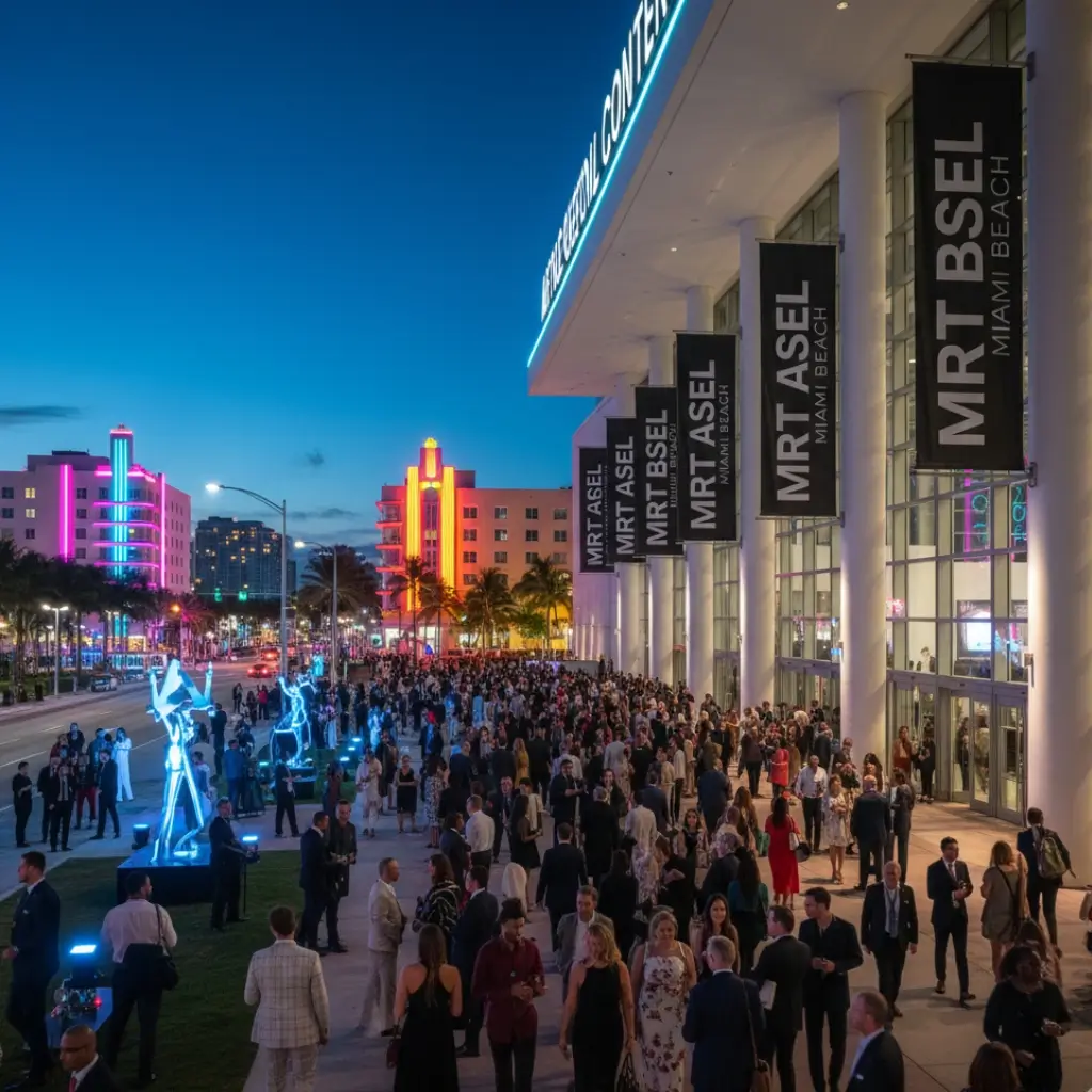 Crowds arriving at Art Basel Miami Beach outside convention center