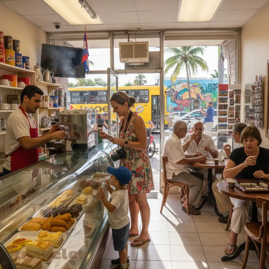 Tourists ordering pastries and coffee at a family-run Cuban bakery in Little Havana