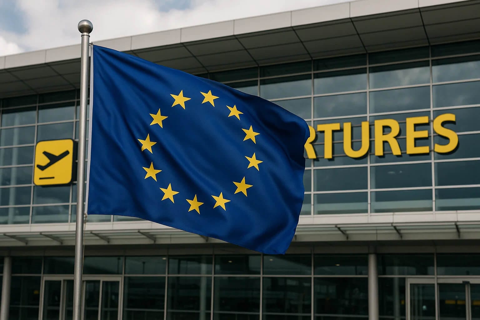 EU flag outside airport departures hall