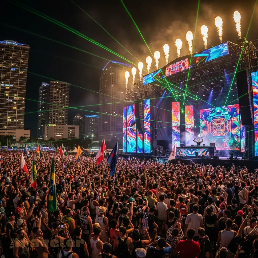 Music Festival in Miami with massive crowd, DJ, and skyline backdrop
