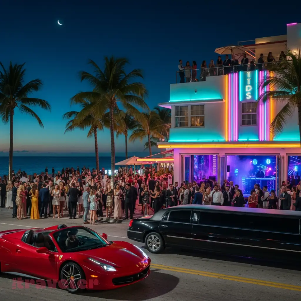 Neon Art Deco hotels and luxury nightlife crowds on South Beach’s Ocean Drive