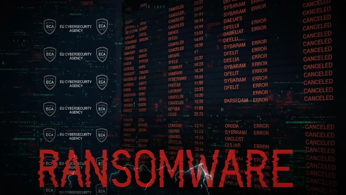 Ransomware graphic with airport departures board