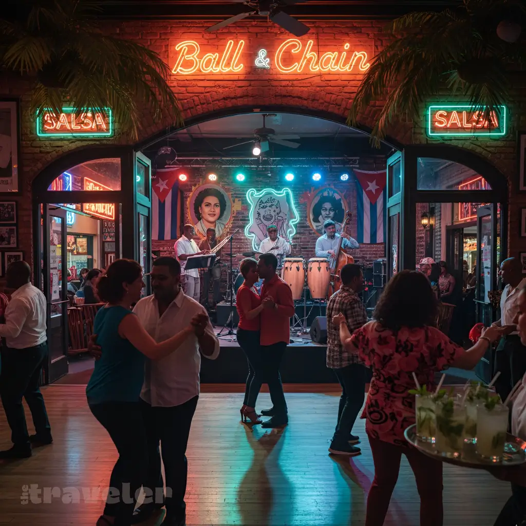 Salsa dancers at Ball & Chain in Little Havana with live band and neon lights