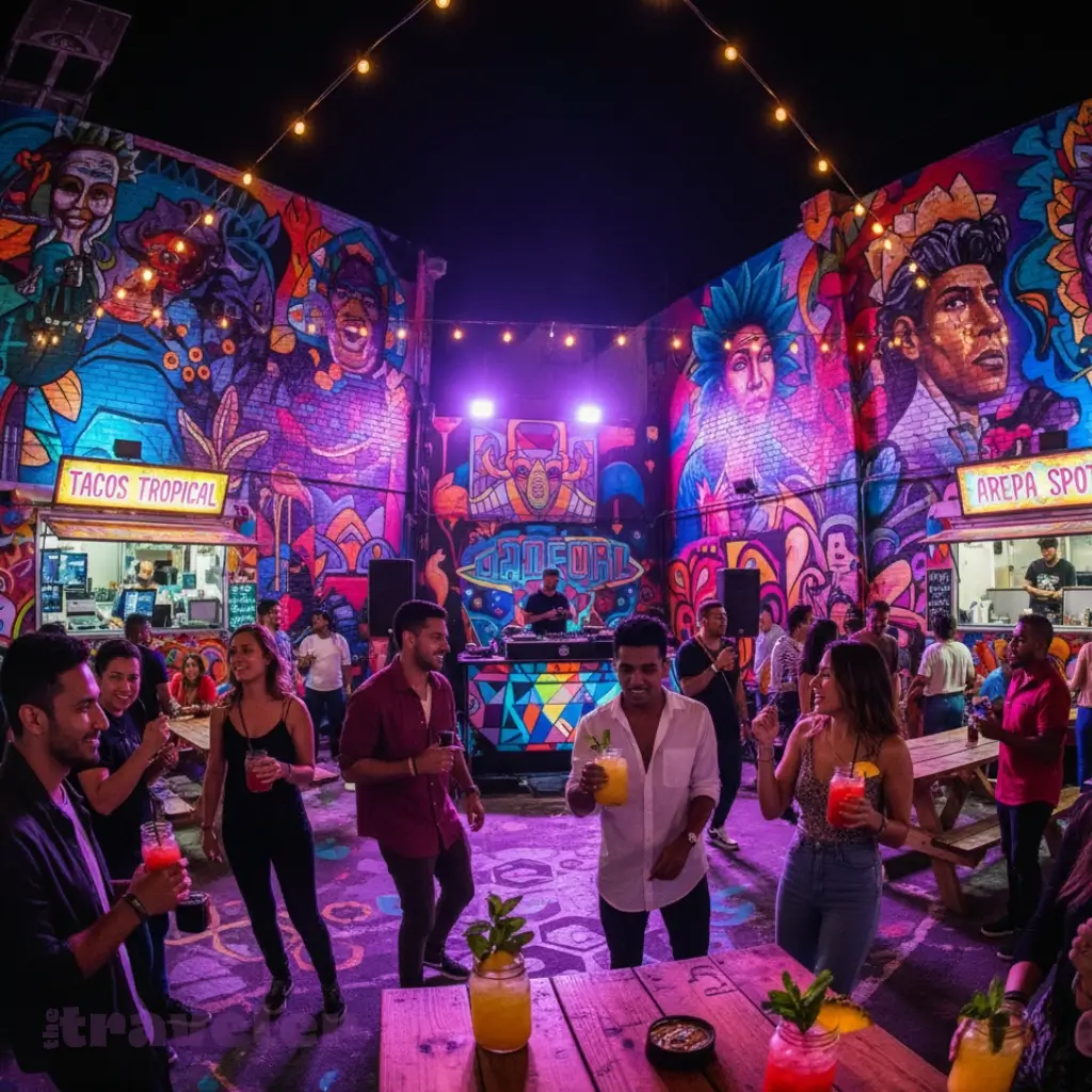 Wynwood nightlife with neon-lit murals, DJs, and young crowd dancing