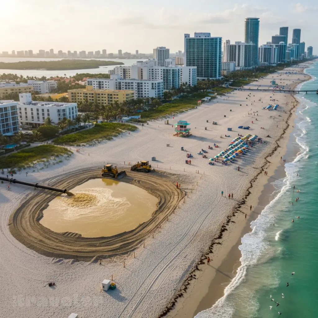 Aerial view of Miami Beach where crews use dredge pipes and bulldozers to pump new sand while tourists relax nearby.