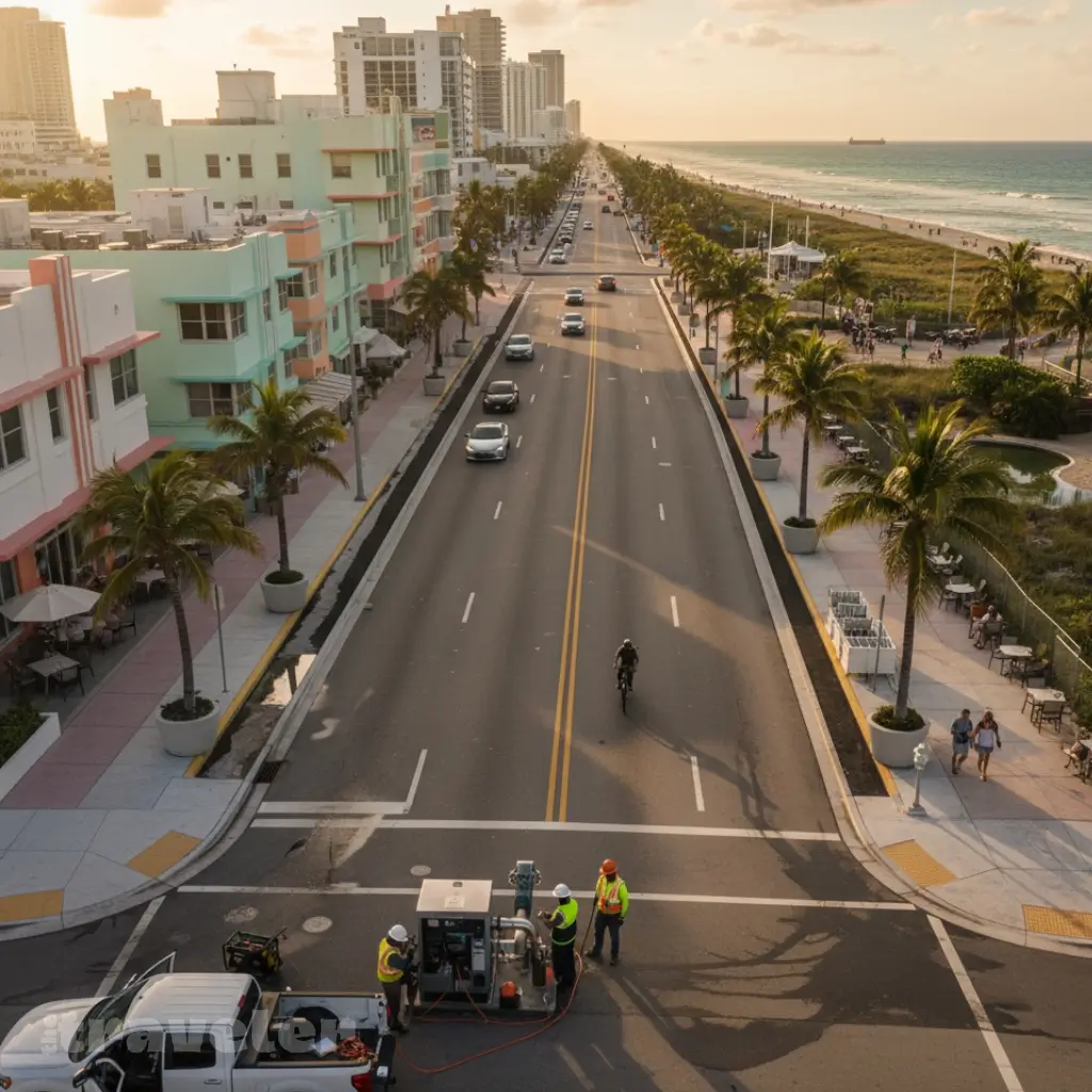 Aerial view of raised Miami Beach roadway and pump-station crews working beside sidewalks and pastel hotels near the ocean.