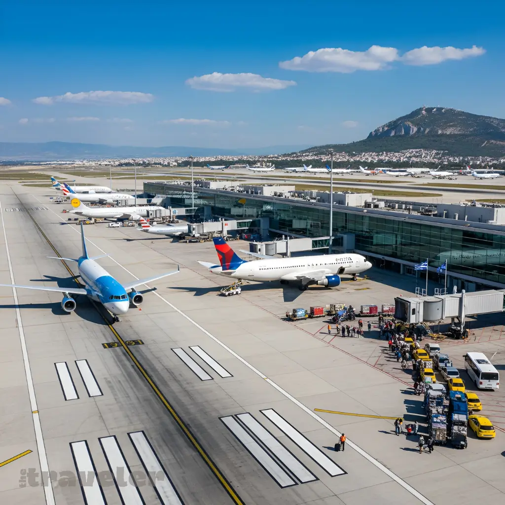 Aerial view of Athens International Airport in 2025 with planes, terminal, and Mount Hymettus in background