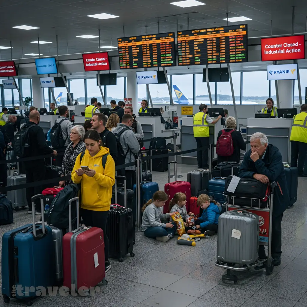 Passengers queuing in Bournemouth Airport departure hall with strike notices on check-in screens