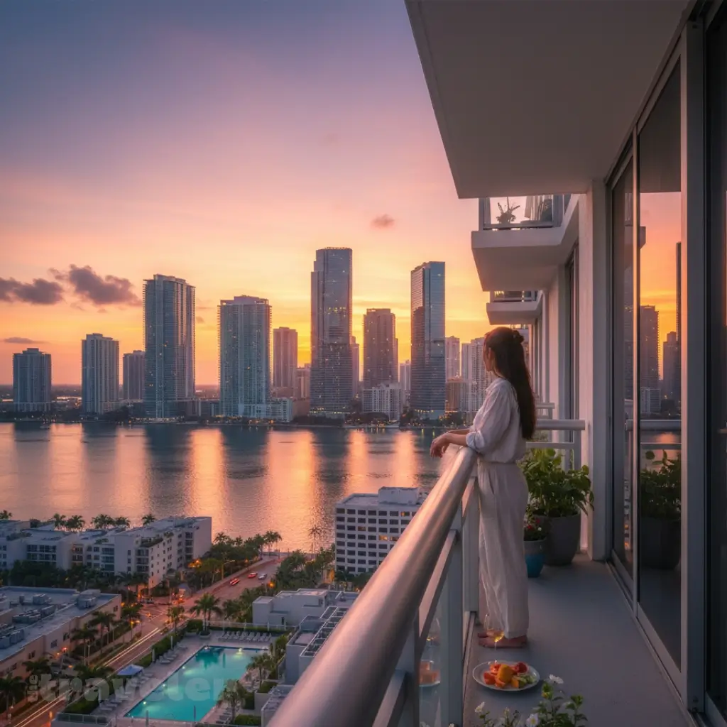 Brickell balcony at sunset, watching Miami’s skyline glow as glass towers reflect pink and gold over Biscayne Bay.