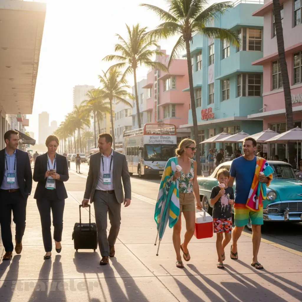 Business travelers with conference bags pass vacationing family on Ocean Drive in Miami Beach