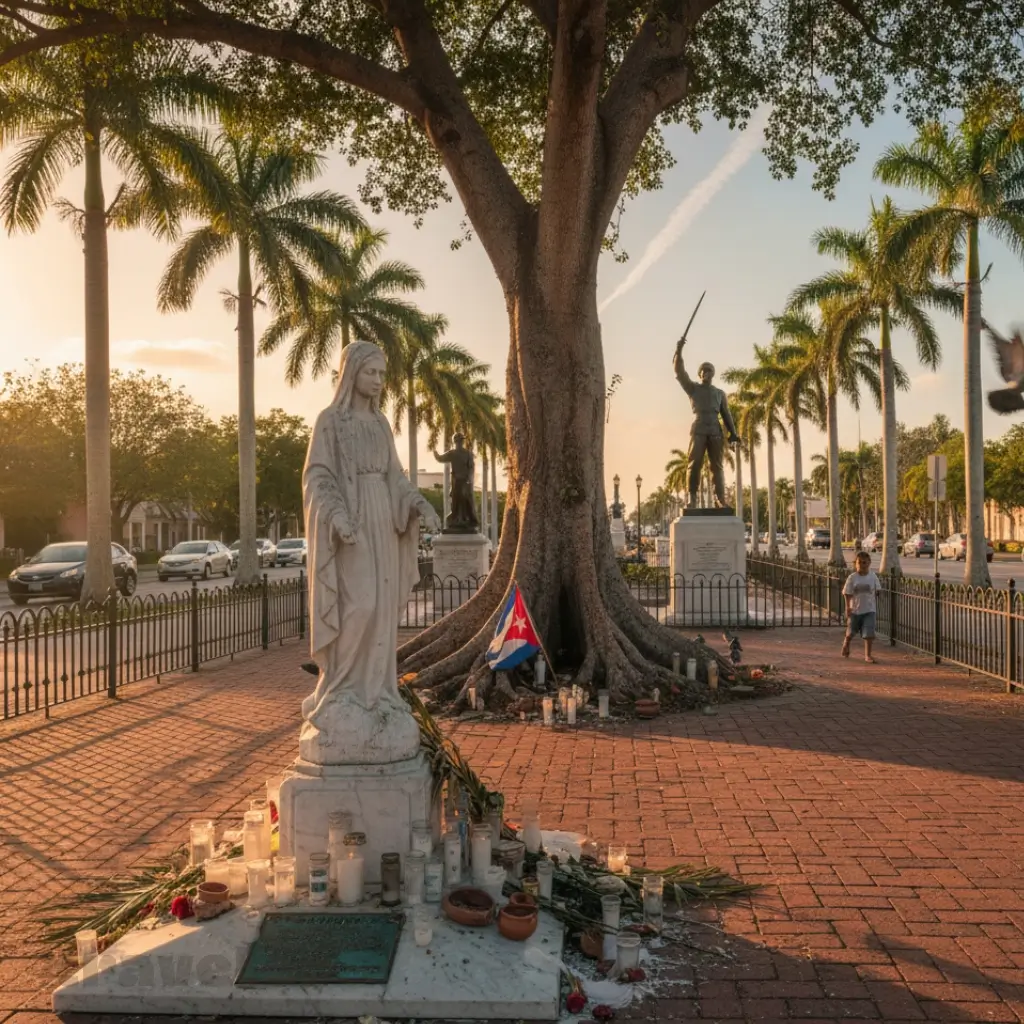 Candles and flowers glow at a statue on Cuban Memorial Boulevard as sunlight filters through palms and locals pay quiet tribute.