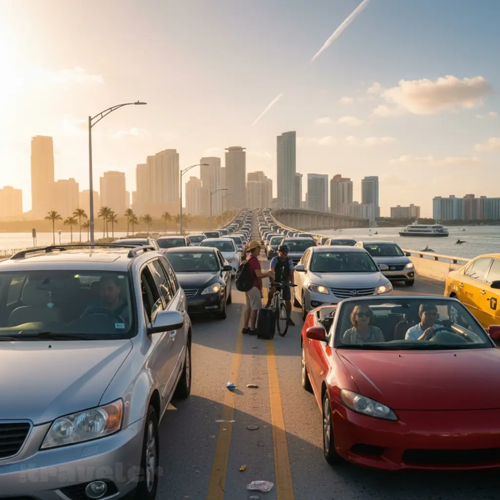 Cars crawl along Miami’s MacArthur Causeway at sunset as tourists, cyclists, and pedestrians navigate the congested bridge.