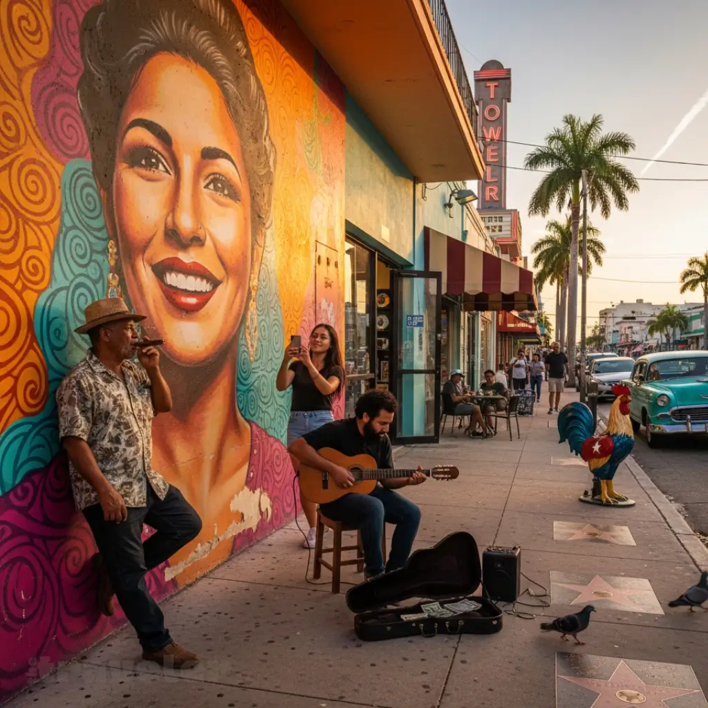 Celia Cruz mural on Calle Ocho glows in golden light as a guitarist plays nearby and locals sip coffee under palm-lined streets.