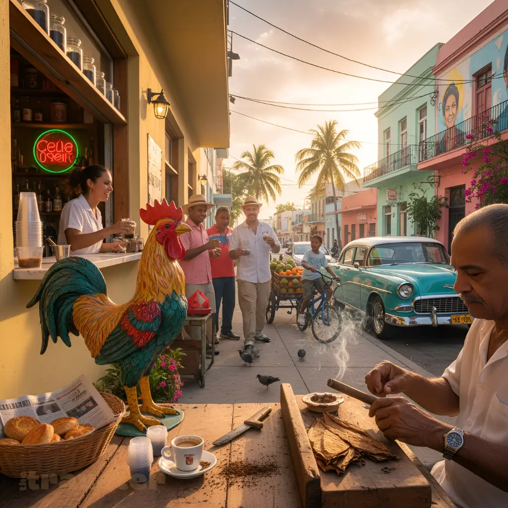 Cigar maker rolls tobacco by hand on Calle Ocho as smoke, coffee steam, and golden sunlight mix near cafés and painted roosters.
