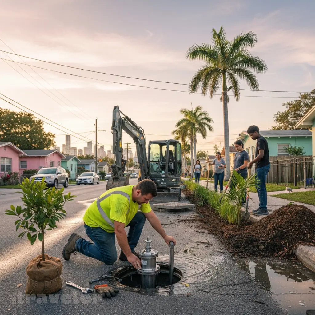 City workers and volunteers install flood valves and plant mangroves in a Miami neighborhood under golden sunset light.
