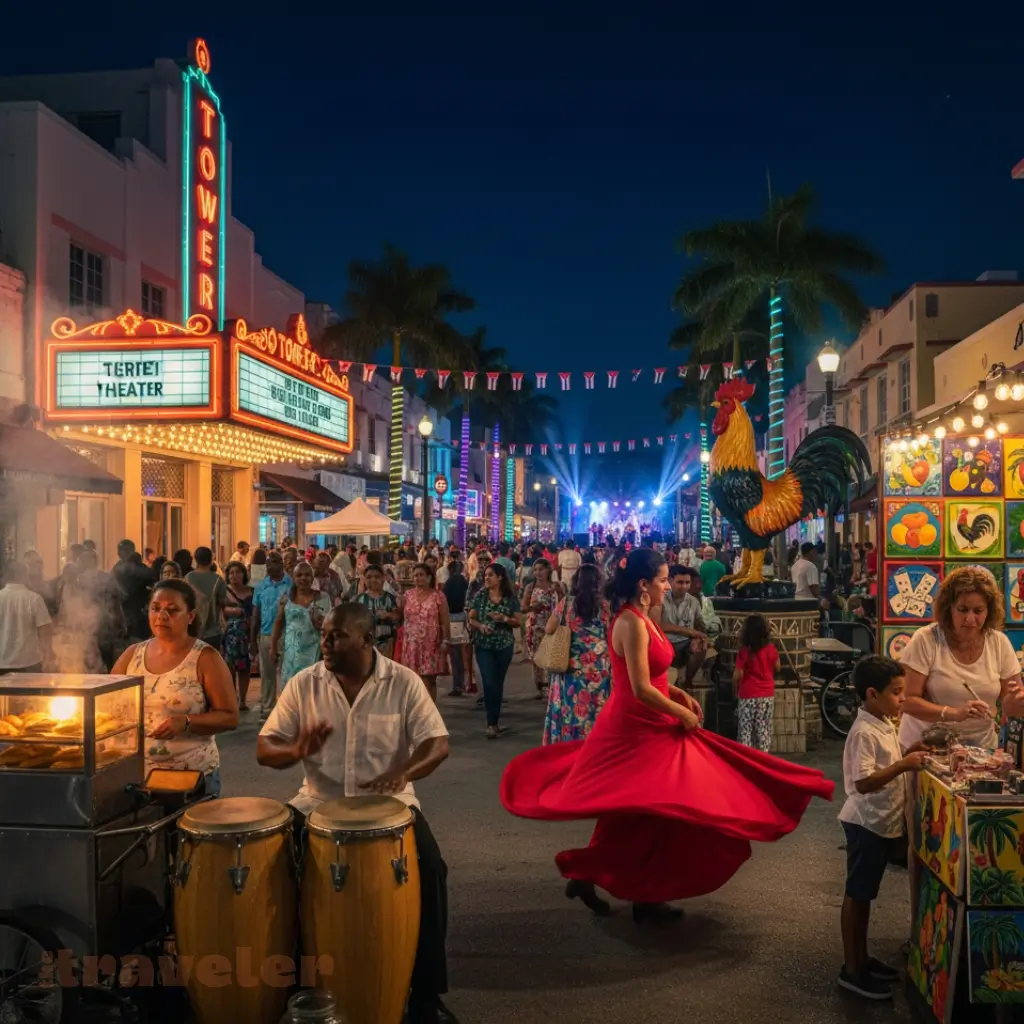 Crowds dance under palm-lit streets during Viernes Culturales in Little Havana as musicians play and vendors serve Cuban food.