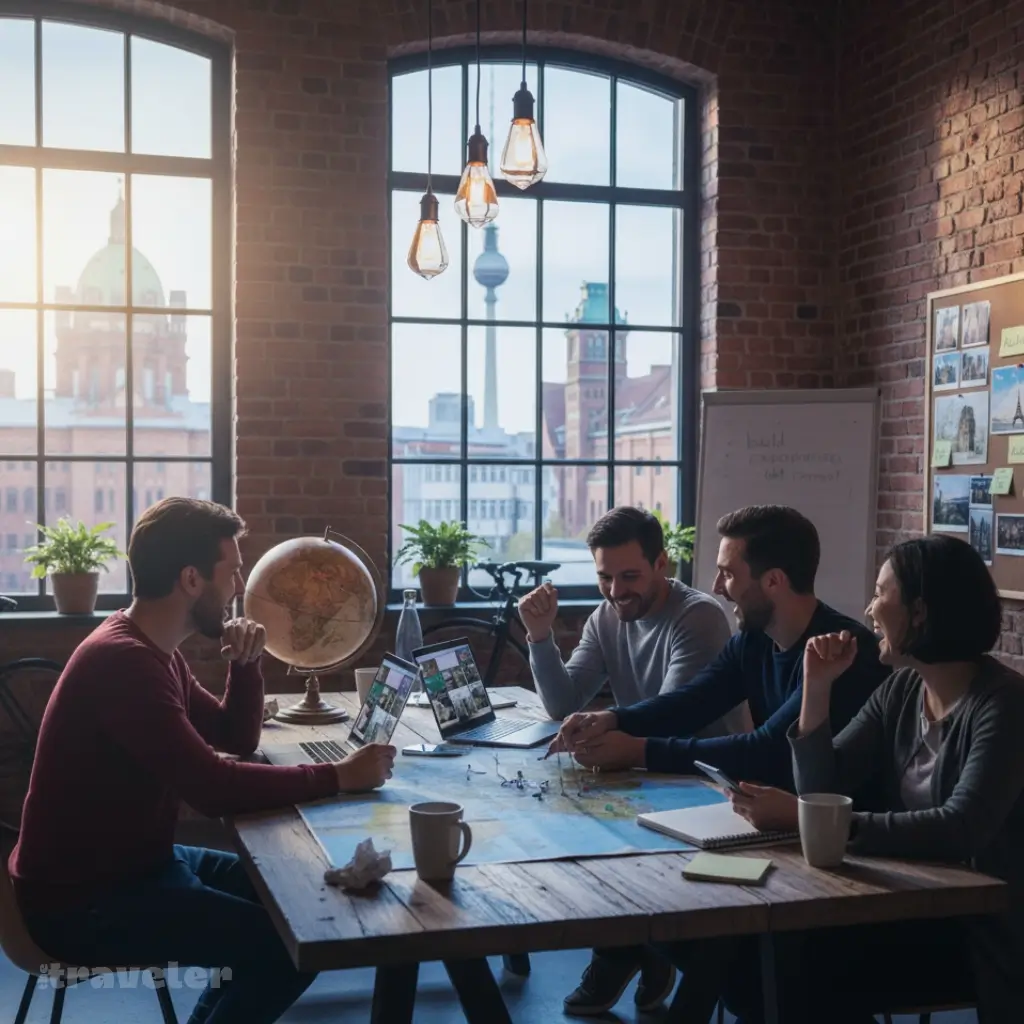 Diverse Berlin startup team collaborates around a table with maps and laptops, sunlight streaming through large studio windows.