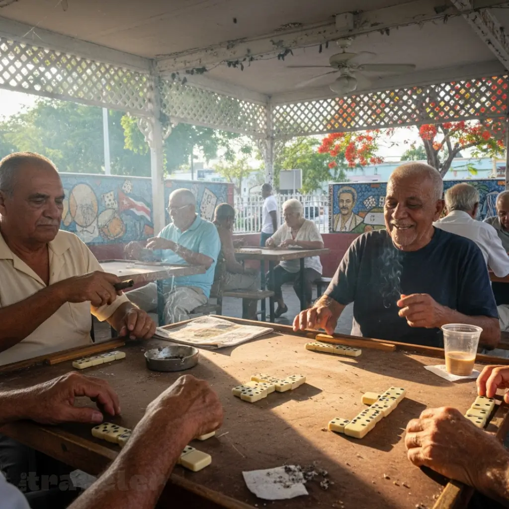 Elders play dominoes at Miami’s Domino Park as cigar smoke drifts through sunlight, laughter mixing with the clack of tiles.